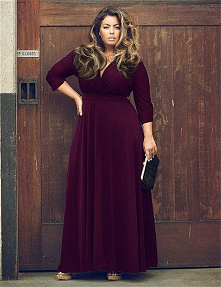 SZ60044-2 Women Long Knitwear V Neck Plus Size Bridesmaid Dress with Long Sleeve